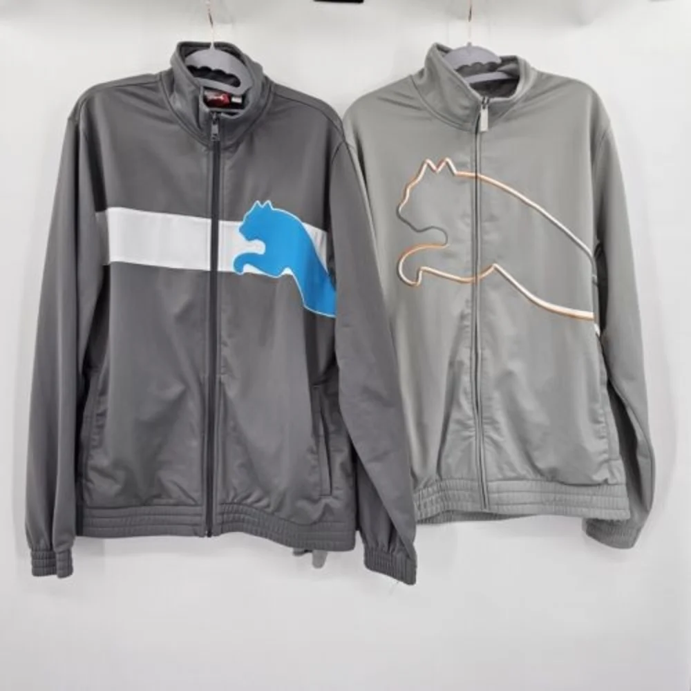 Puma Mens Medium Zip Up Track Jacket (Lot Of 2) Gray Logo Pockets 100% Polyester